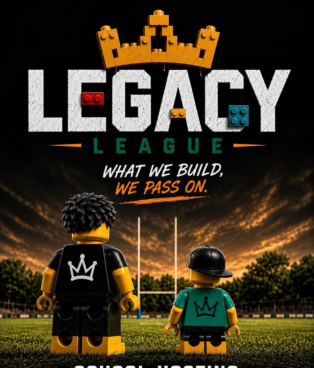 Legacy League crown and wordmark above an illustrated parent and child standing together on a school sports field at golden hour.